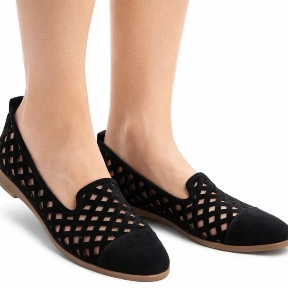 Franco Sarto Black Suede Laser Cut Slip On Flats Loafers Women's Size 10-10.5